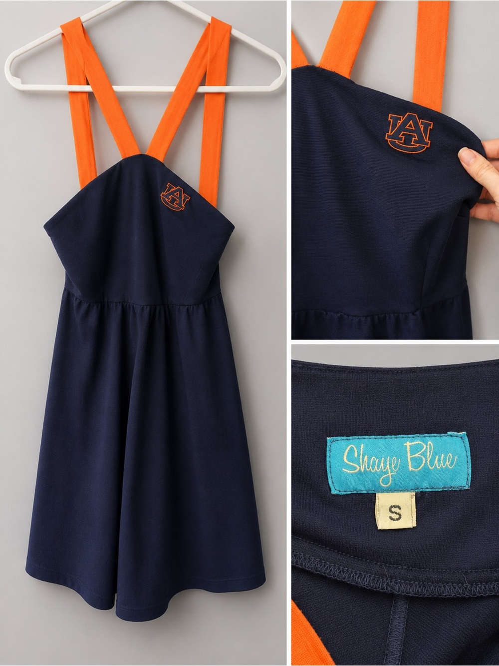 Shaye Blue Navy Dress with Orange Straps and Auburn Logo